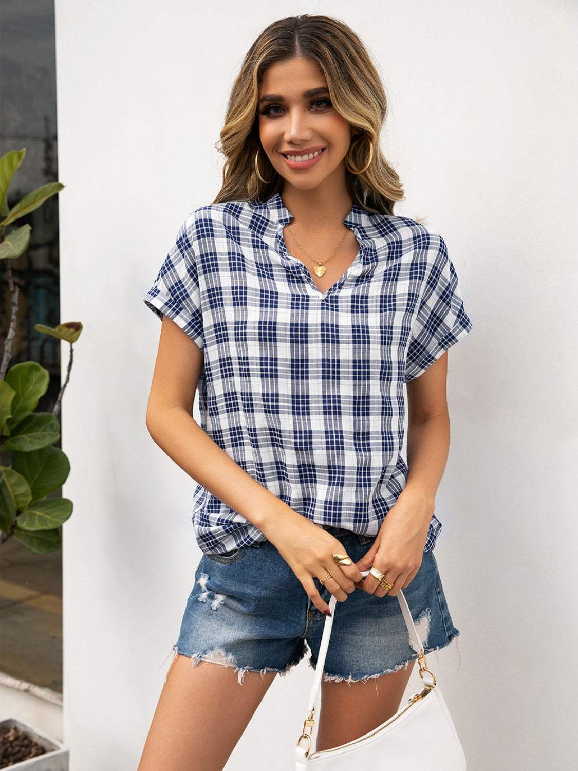 Plaid Notched Short Sleeve Blouse - Trendsi - Flyclothing LLC
