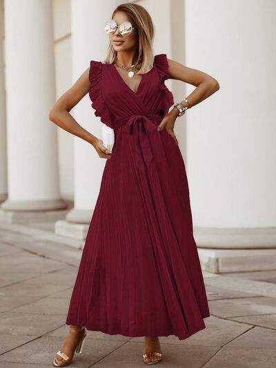 Tied Surplice Cap Sleeve Pleated Dress - Trendsi - Flyclothing LLC