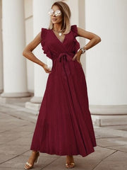 Tied Surplice Cap Sleeve Pleated Dress - Flyclothing LLC