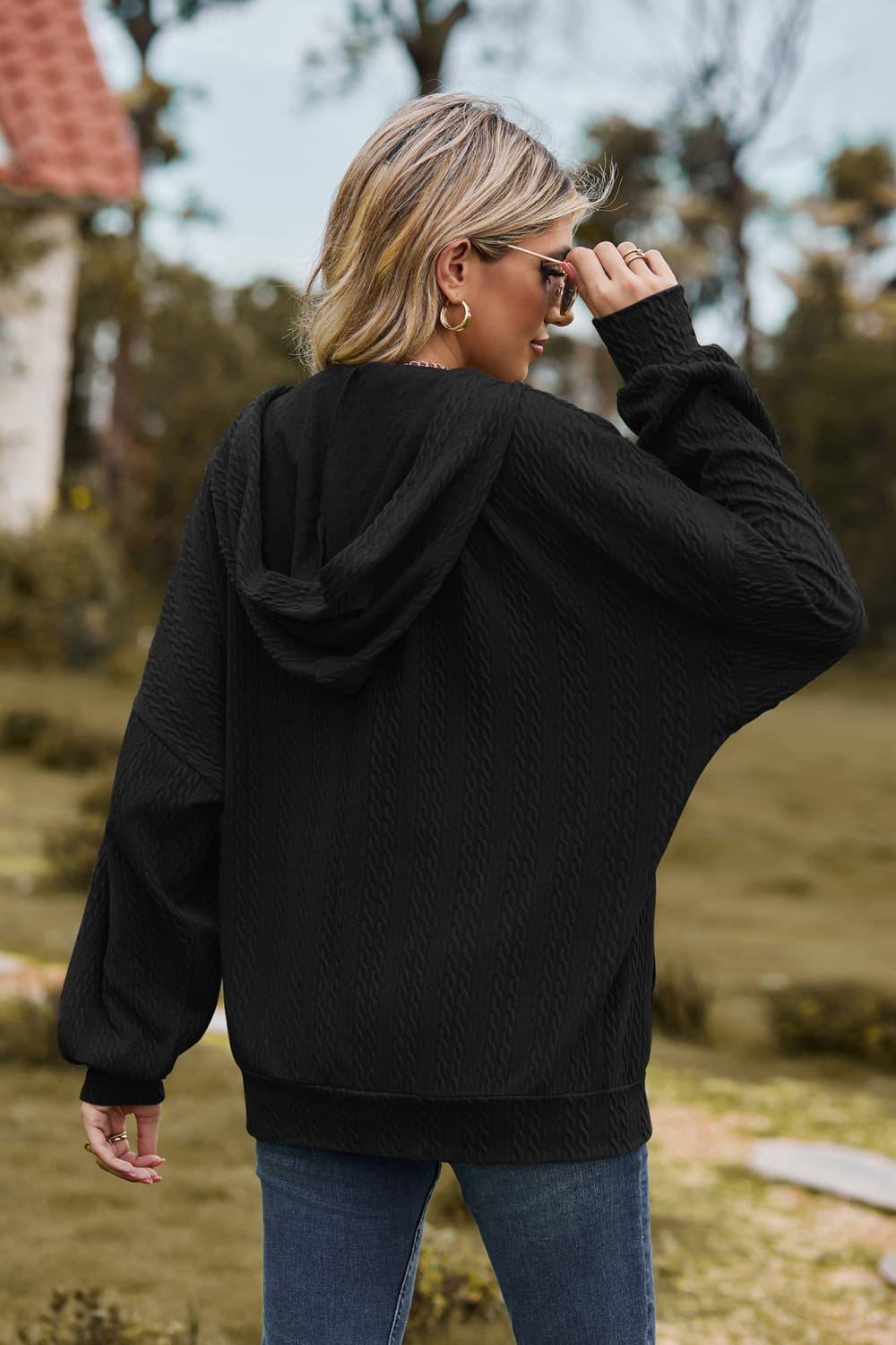 Cable-Knit Long Sleeve Hooded Jacket - Trendsi