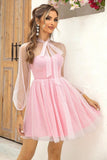 Tie Neck Open Back Mesh Dress - Trendsi