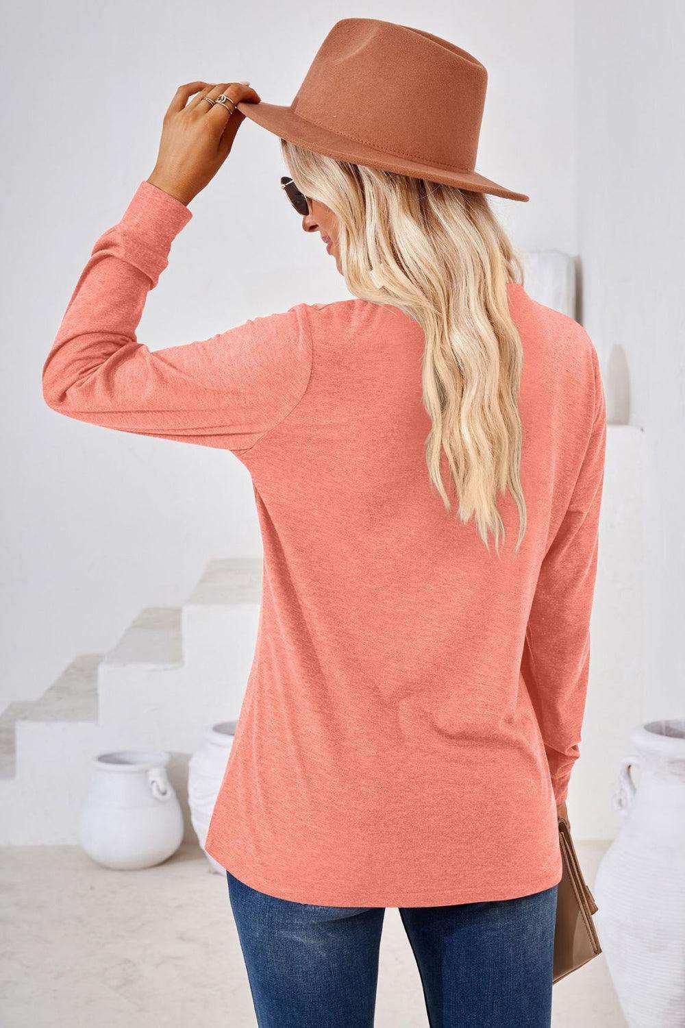 V-Neck Buttoned Long Sleeve Blouse - Trendsi - Flyclothing LLC