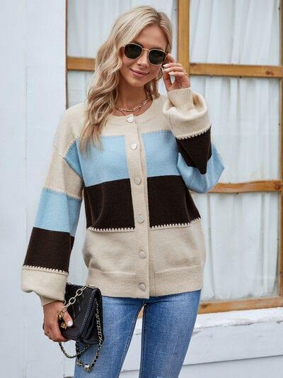 Color Block Button Up Lantern Sleeve Cardigan - Trendsi