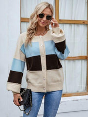 Color Block Button Up Lantern Sleeve Cardigan - Trendsi