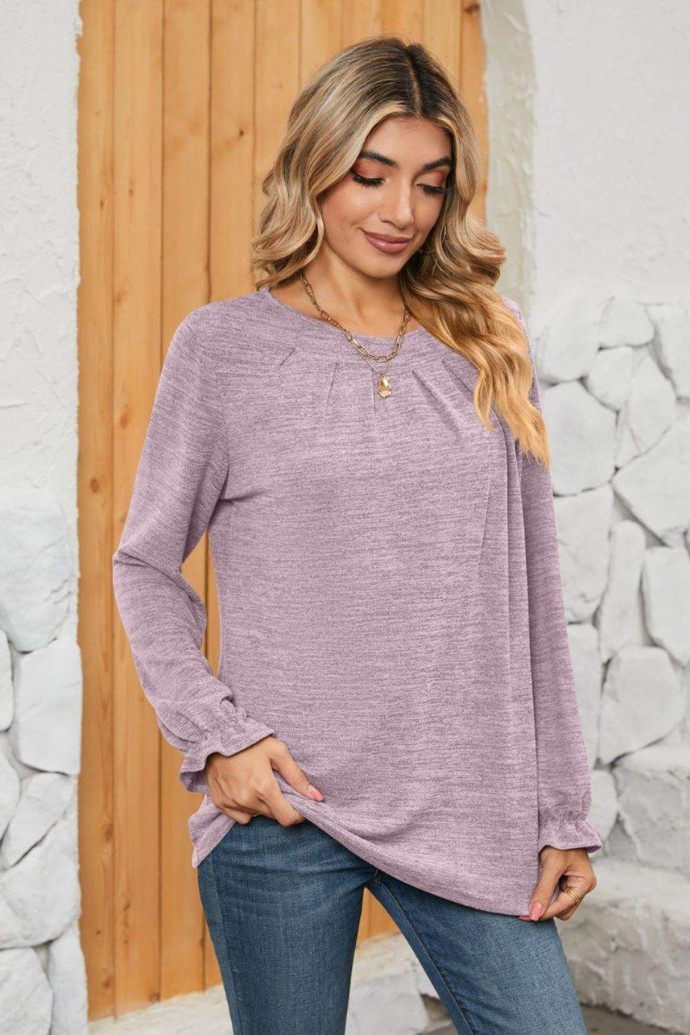 Ruched Round Neck Flounce Sleeve T-Shirt - Trendsi - Flyclothing LLC