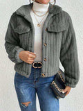 Fuzzy Button Up Collared Neck Jacket - Trendsi - Flyclothing LLC
