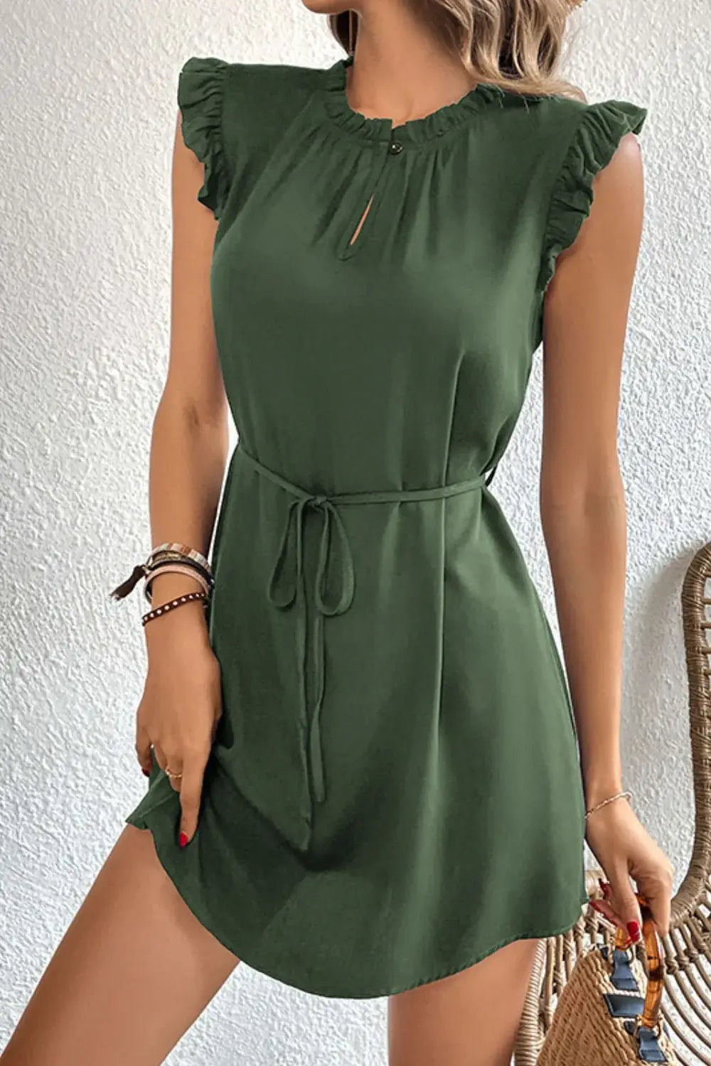Ruffled Tie-Waist Keyhole Dress - Trendsi - Flyclothing LLC