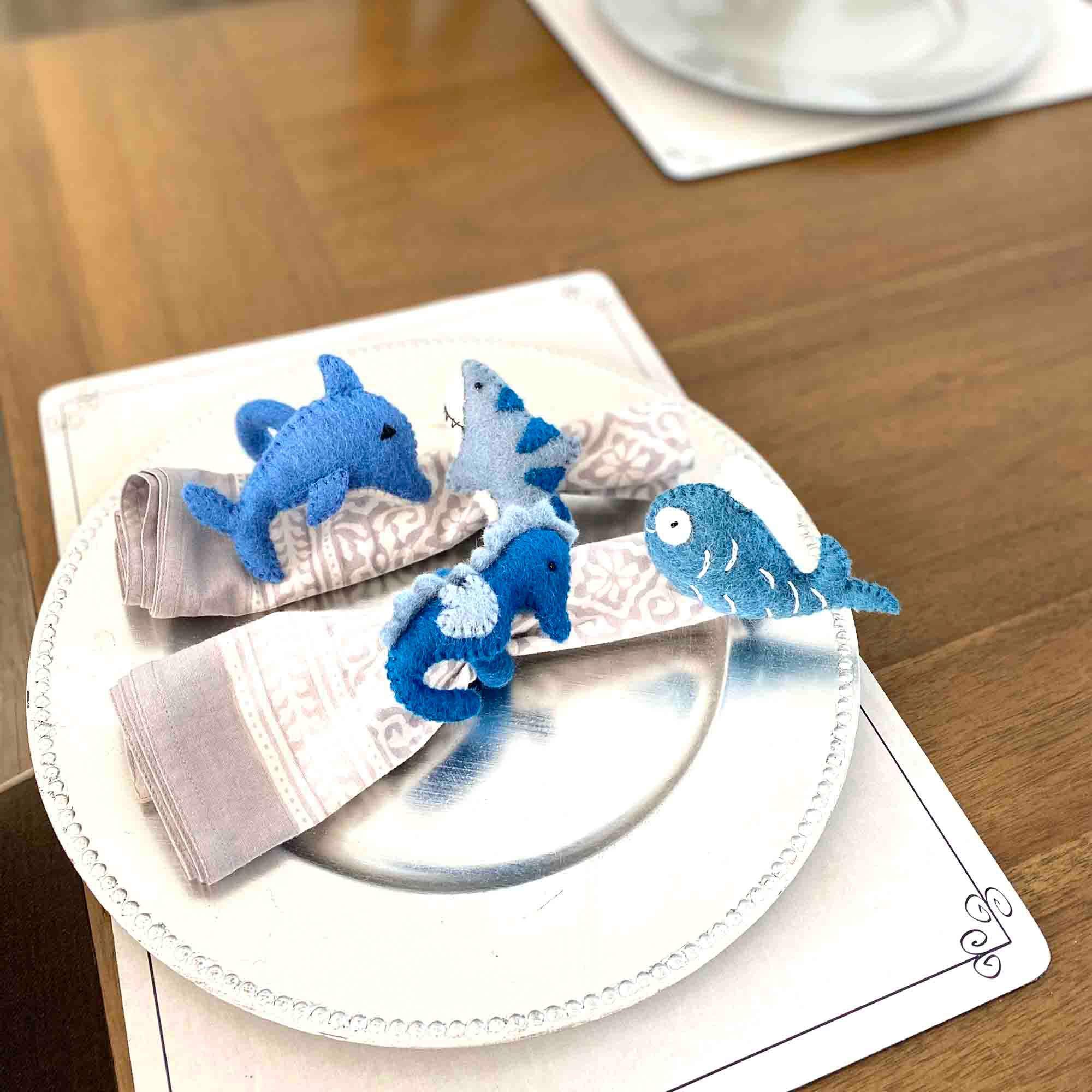 Nautical Shark, Whale & Seahorse Felt Napkin Rings, Set of 4 - Global Groove Direct - Flyclothing LLC