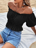 Off-Shoulder Frill Trim Peplum Top - Trendsi - Flyclothing LLC