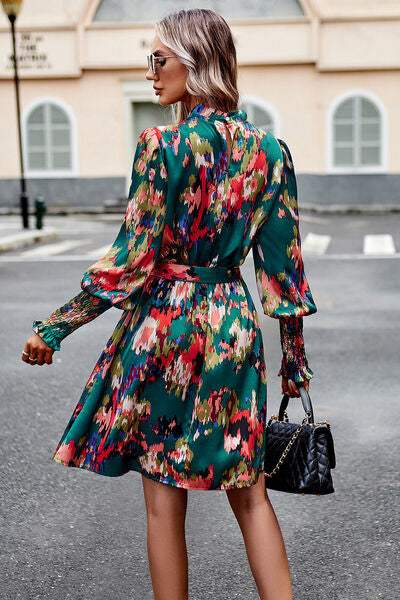 Printed Tie Waist Mock Neck Lantern Sleeve Dress - Trendsi - Flyclothing LLC