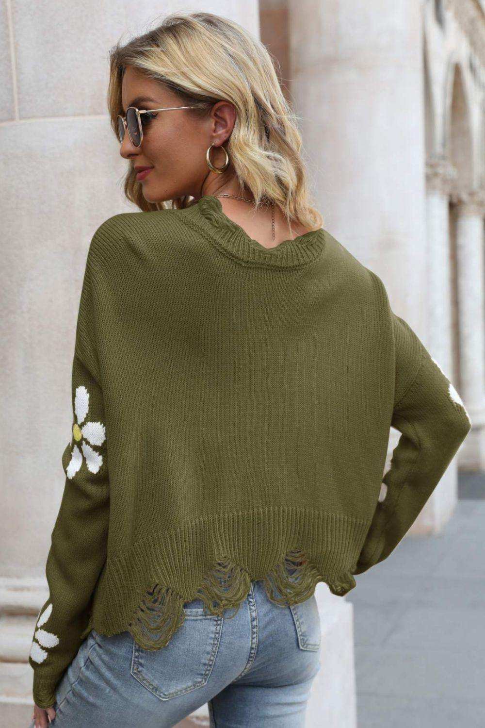 Flower Distressed Ribbed Trim Sweater - Trendsi - Flyclothing LLC