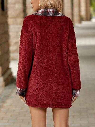 Plaid Contrast Dropped Shoulder Coat - Trendsi - Flyclothing LLC