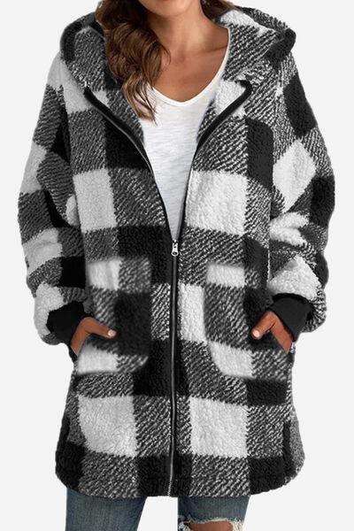 Double Take Full Size Plaid Long Sleeve Hooded Coat - Trendsi - Flyclothing LLC