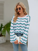 Round Neck Openwork Flare Sleeve Knit Top - Trendsi - Flyclothing LLC
