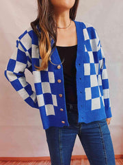Checkered Open Front Button Up Cardigan - Trendsi