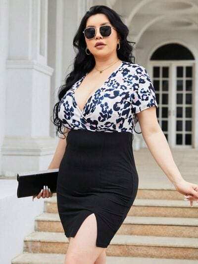 Plus Size Slit Printed Surplice Wrap Dress - Trendsi - Flyclothing LLC