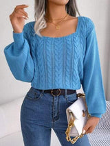 Cable-Knit Square Neck Long Sleeve Sweater - Trendsi - Flyclothing LLC