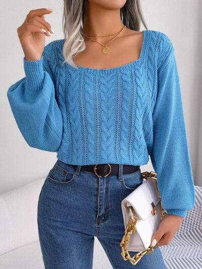 Cable-Knit Square Neck Long Sleeve Sweater - Trendsi - Flyclothing LLC