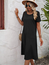 Round Neck Short Sleeve Dress with Pockets - Trendsi - Flyclothing LLC