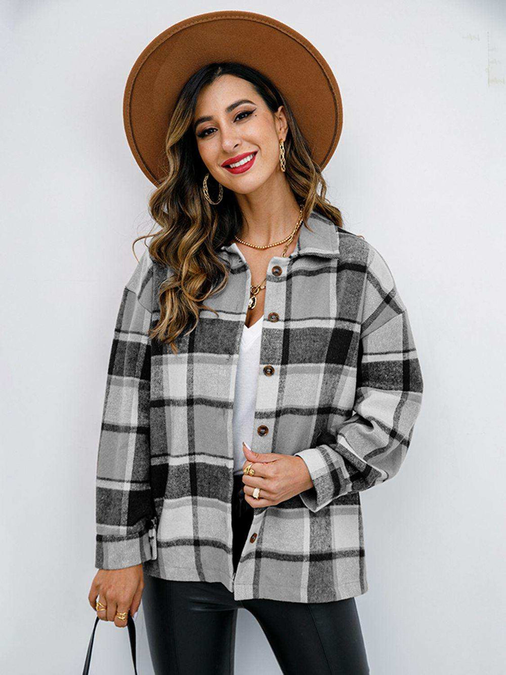 Plaid Button-Down Jacket - Trendsi - Flyclothing LLC