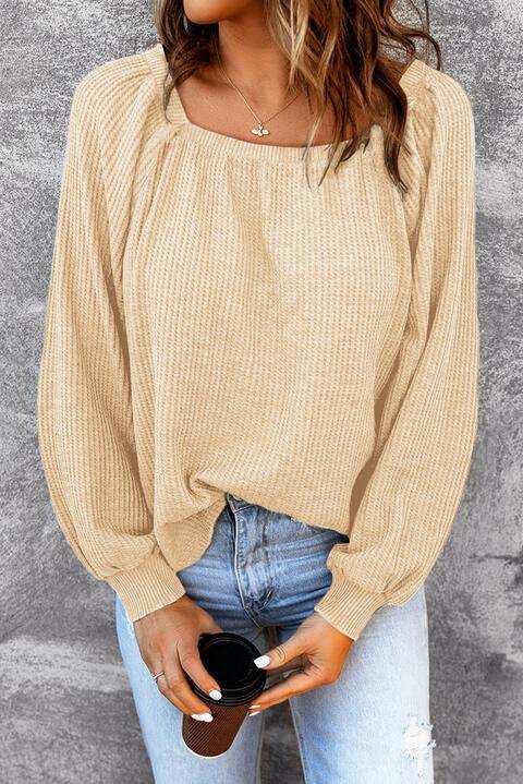 Square Neck Waffle-Knit Top - Trendsi - Flyclothing LLC