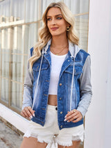 Pocketd Button Up Detachable Hooded Denim Jacket - Trendsi - Flyclothing LLC