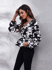 Floral V-Neck Balloon Sleeve Peplum Blouse - Trendsi