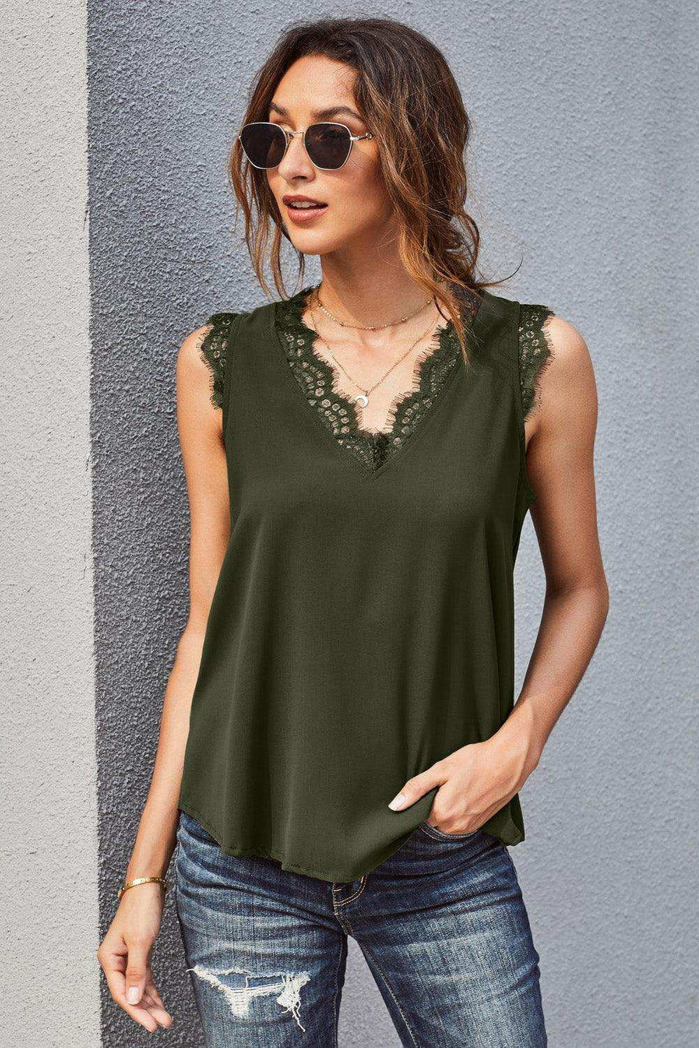 Eyelash Lace V-Neck Tank Top - Trendsi - Flyclothing LLC