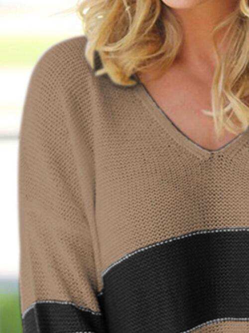Striped V-Neck Long Sleeve Sweater - Trendsi - Flyclothing LLC