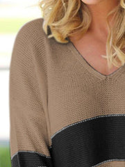 Striped V-Neck Long Sleeve Sweater - Flyclothing LLC