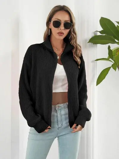 Turtleneck Zip Up Long Sleeve Knit Top - Trendsi - Flyclothing LLC