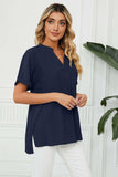 Side Slit Notched Neck Cuffed Short Sleeve Blouse - Trendsi - Flyclothing LLC