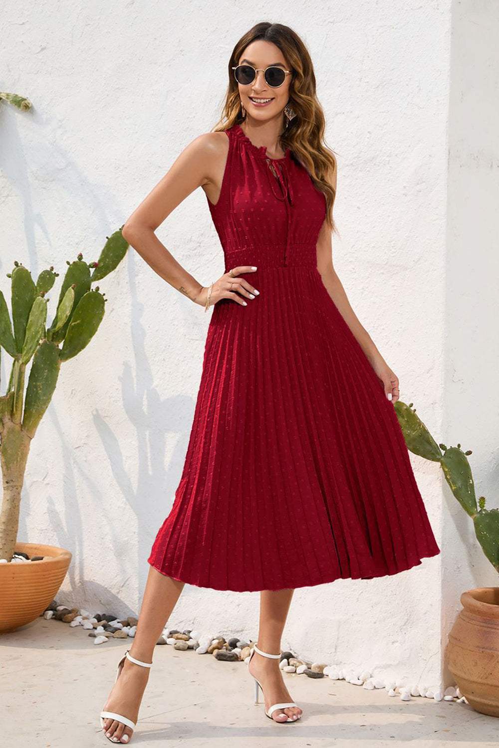 Swiss Dot Tie Neck Sleeveless Dress - Trendsi - Flyclothing LLC
