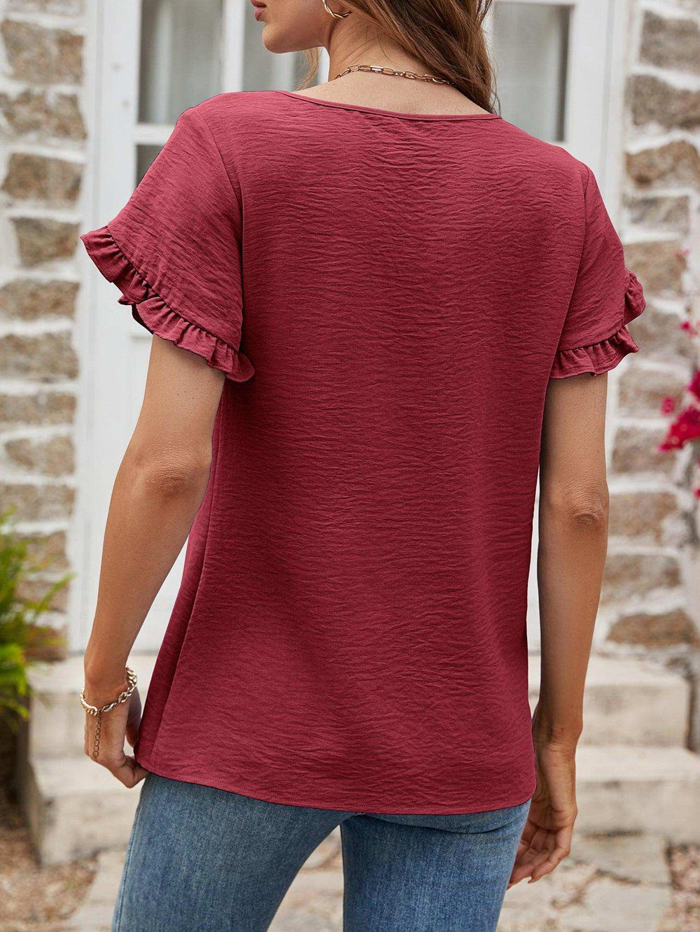Textured Petal Sleeve Round Neck Tee - Trendsi - Flyclothing LLC