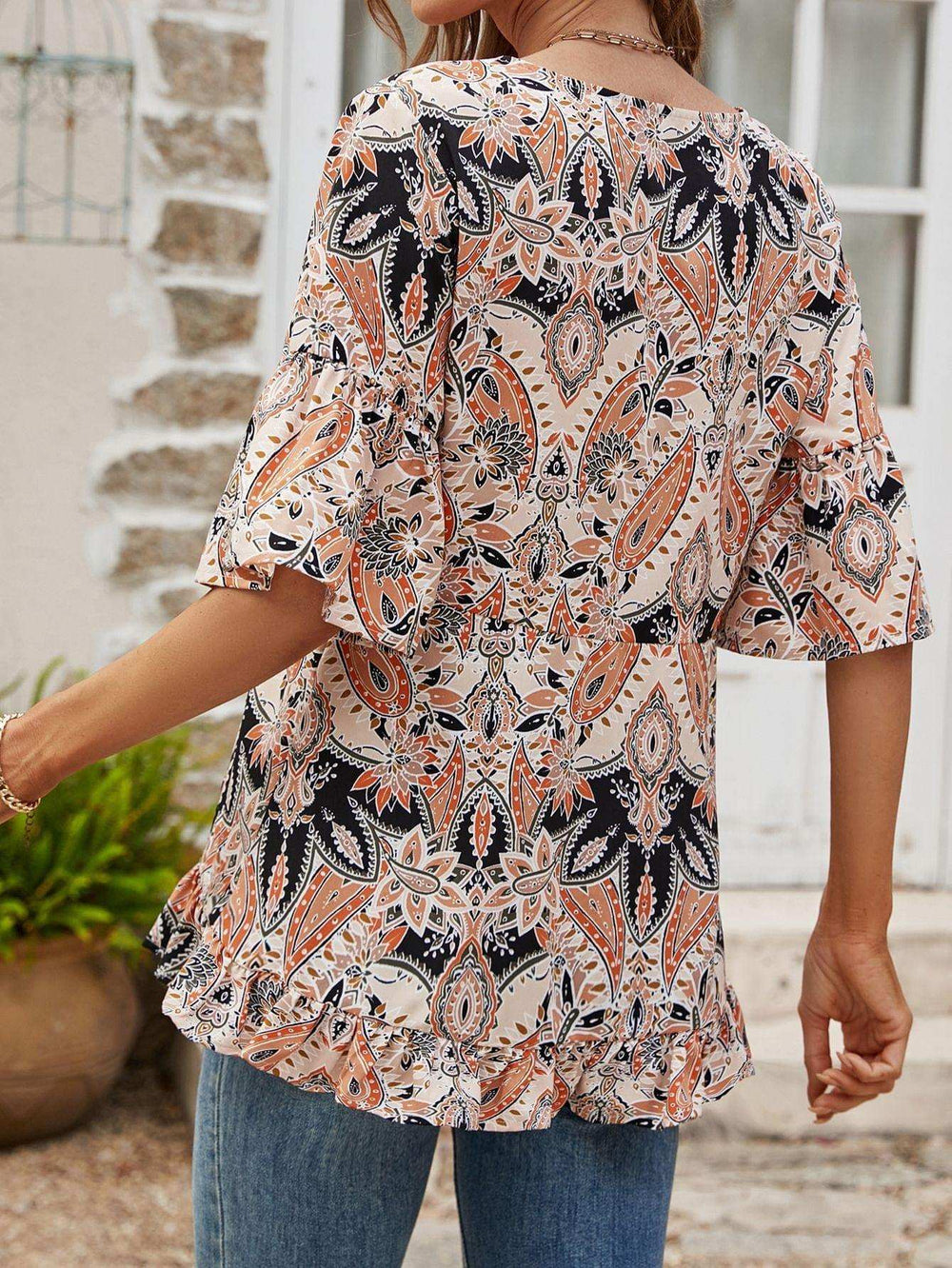 Printed Flounce Sleeve Ruffle Hem Blouse - Trendsi - Flyclothing LLC