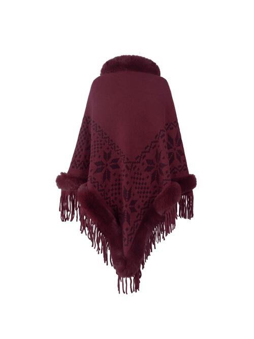 Fringe Geometric Cape Sleeve Poncho - Trendsi