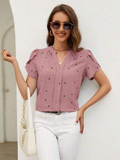 Heart Print Notched Petal Sleeve Blouse - Trendsi - Flyclothing LLC
