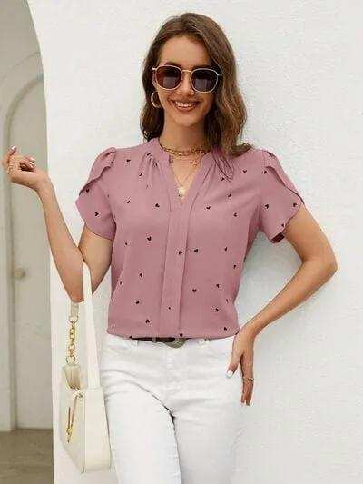 Heart Print Notched Petal Sleeve Blouse - Trendsi - Flyclothing LLC