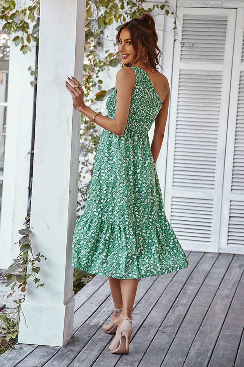 Ditsy Floral Smocked One-Shoulder Dress - Flyclothing LLC