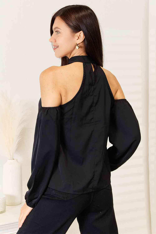 Double Take Grecian Cold Shoulder Long Sleeve Blouse - Trendsi - Flyclothing LLC