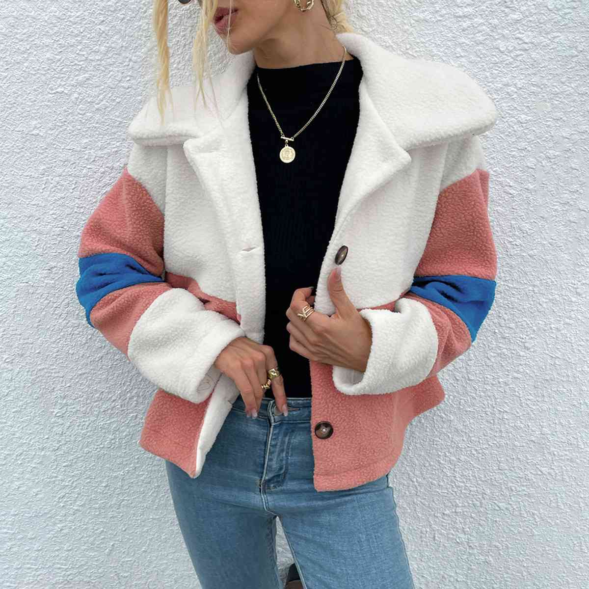 Color Block Button Down Collared Jacket - Trendsi - Flyclothing LLC