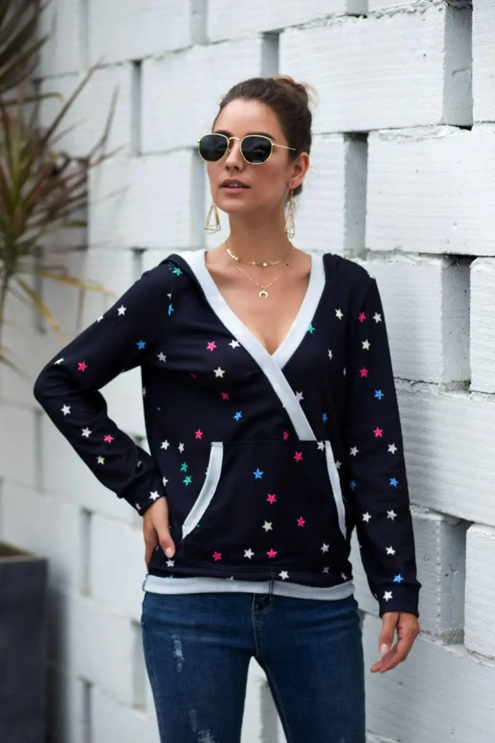 Star Print Kangaroo Pocket Hoodie - Trendsi - Flyclothing LLC