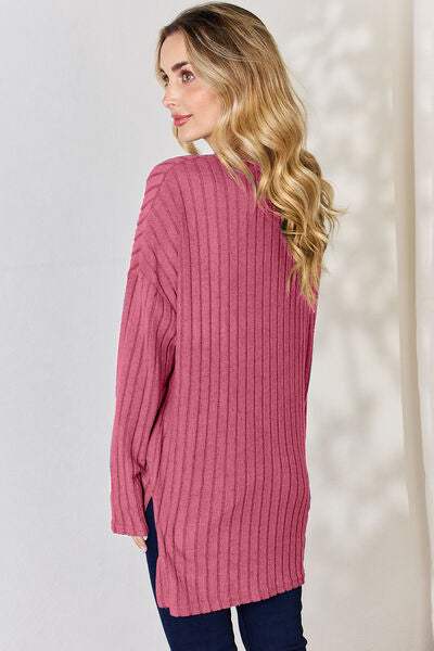 Basic Bae Full Size Ribbed Half Button Long Sleeve High-Low T-Shirt - Trendsi - Flyclothing LLC