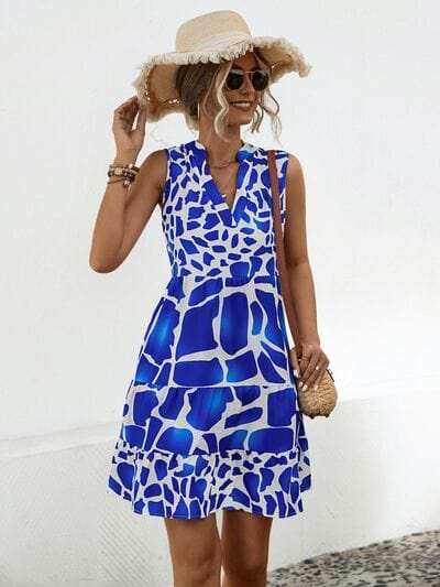 Printed Notched Sleeveless Tiered Dress - Trendsi - Flyclothing LLC