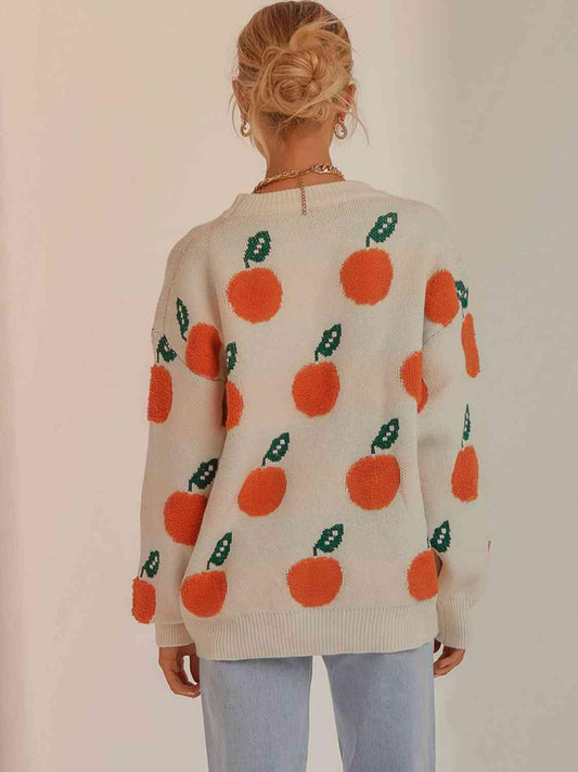 Printed Round Neck Drop Shoulder Sweater - Trendsi