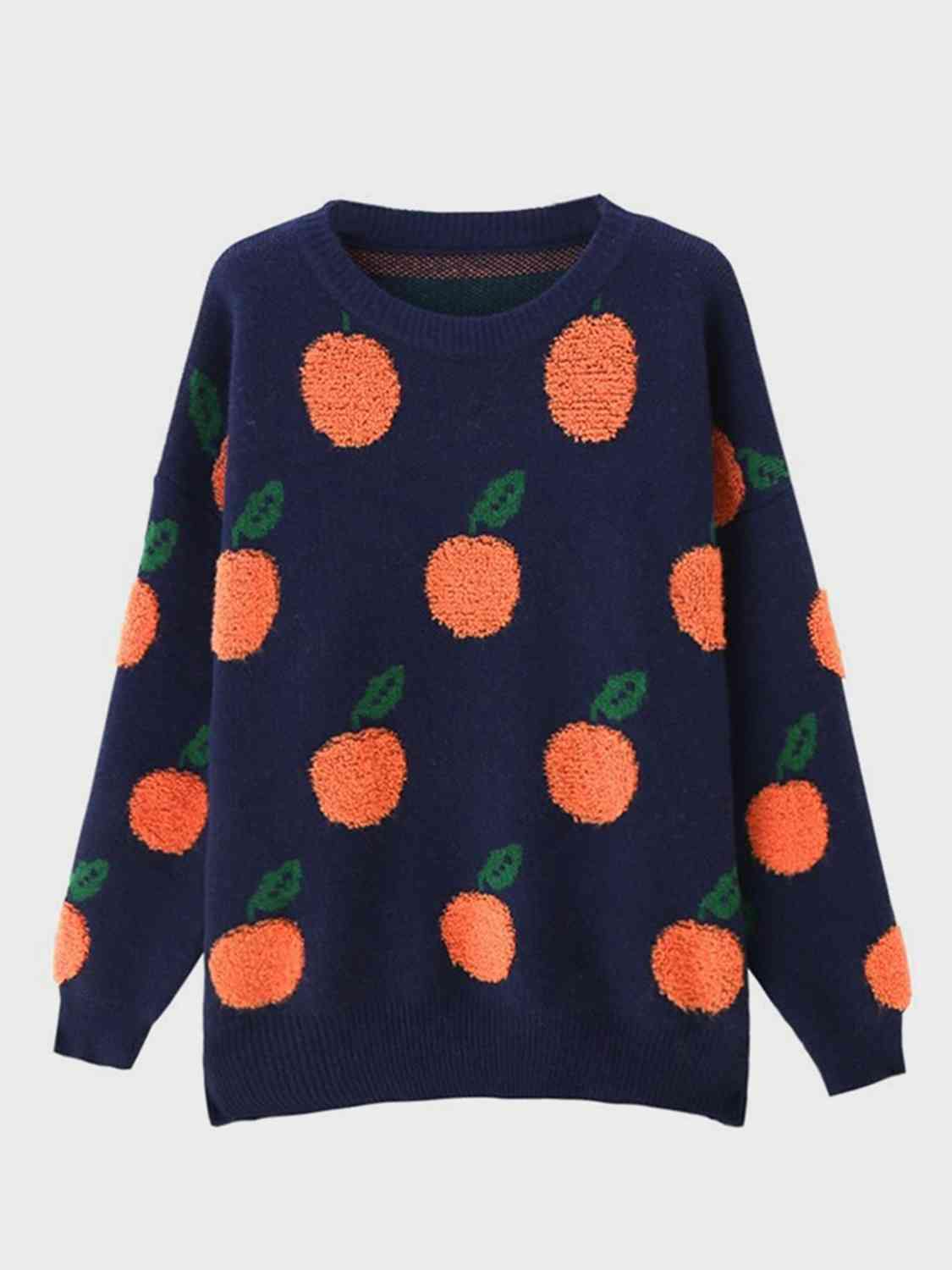 Printed Round Neck Drop Shoulder Sweater - Trendsi