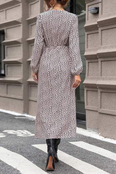 Slit Printed Surplice Balloon Sleeve Dress - Trendsi - Flyclothing LLC