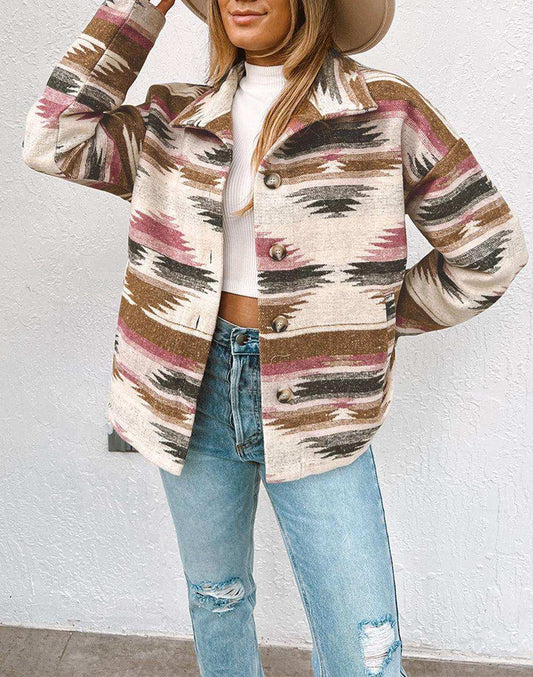 Geometric Collared Drop Shoulder Jacket - Trendsi - Flyclothing LLC