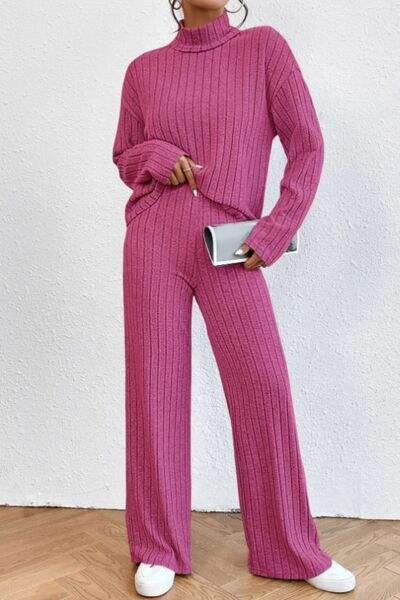 Mock Neck Dropped Shoulder Top and Pants Set - Trendsi - Flyclothing LLC