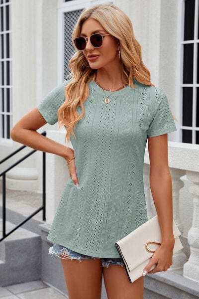 Eyelet Slit Round Neck Short Sleeve T-Shirt - Trendsi - Flyclothing LLC